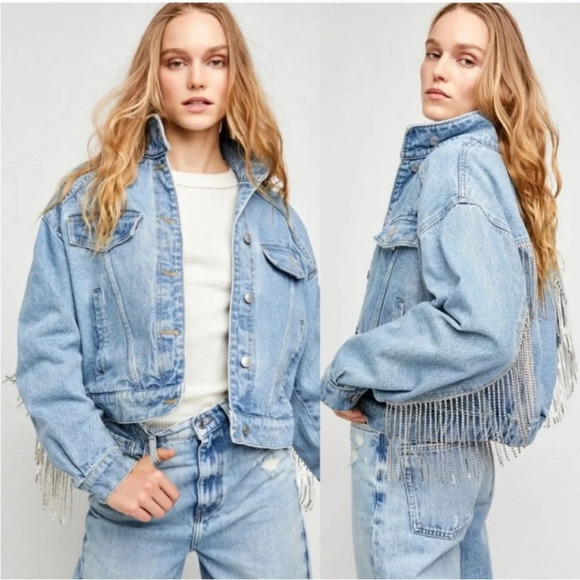 Free People Rhinestone Fringe Light Wash Denim Jean Bomber Jacket Size Small - Picture 14 of 14